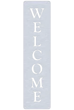 Vertical welcome sign made from 1/8-inch aluminum, featuring precision-cut letters spelling 'WELCOME' in a bold font. The background is a brushed metal texture, and the sign has small holes in each corner for easy mounting. The design is simple yet elegant, making it suitable for various settings.